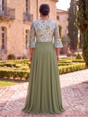 Plus Size Chiffon Long Olive Green Evening 3/4 Sleeves Sequin Formal Dress