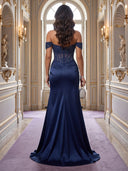 Satin Mermaid Off Shoulder Evening Dresses with Slit Lace Formal Dress Wedding Guest