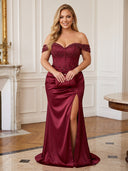 Plus Size Satin Mermaid Off Shoulder Evening Dresses with Slit Sequin Lace Formal Dress Wedding Guest