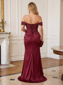 Plus Size Satin Mermaid Off Shoulder Evening Dresses with Slit Sequin Lace Formal Dress Wedding Guest