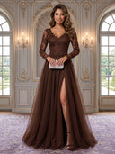 Tulle A Line V Neck Chocolate Evening Dresses with Slit Long Sleeves Maxi Dress Prom Dress