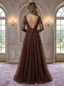 Tulle A Line V Neck Chocolate Evening Dresses with Slit Long Sleeves Maxi Dress Prom Dress