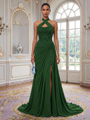 Chiffon Evening Dresses with Slit Mermaid Halter Long Formal Dress Prom Dress with Lace