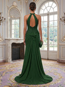 Chiffon Evening Dresses with Slit Mermaid Halter Long Formal Dress Prom Dress with Lace