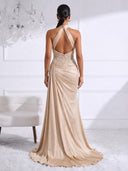 Chiffon Evening Dresses with Slit Mermaid Halter Long Formal Dress Maxi Dress with Lace