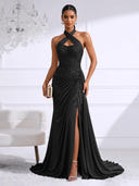 Chiffon Evening Dresses with Slit Mermaid Halter Long Formal Dress Maxi Dress with Lace