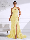 Chiffon Evening Dresses with Slit Mermaid Halter Long Formal Dress Maxi Dress with Lace