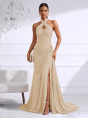 Chiffon Evening Dresses with Slit Mermaid Halter Long Formal Dress Maxi Dress with Lace
