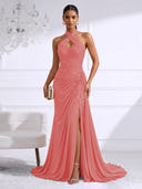 Chiffon Evening Dresses with Slit Mermaid Halter Long Formal Dress Maxi Dress with Lace