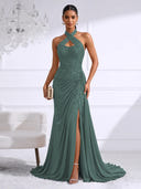 Chiffon Evening Dresses with Slit Mermaid Halter Long Formal Dress Maxi Dress with Lace