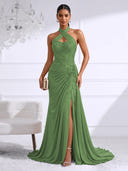 Chiffon Evening Dresses with Slit Mermaid Halter Long Formal Dress Maxi Dress with Lace