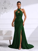 Chiffon Evening Dresses with Slit Mermaid Halter Long Formal Dress Maxi Dress with Lace