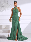 Chiffon Evening Dresses with Slit Mermaid Halter Long Formal Dress Maxi Dress with Lace