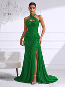 Chiffon Evening Dresses with Slit Mermaid Halter Long Formal Dress Maxi Dress with Lace