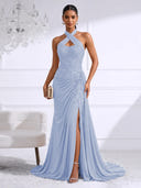 Chiffon Evening Dresses with Slit Mermaid Halter Long Formal Dress Maxi Dress with Lace