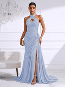 Chiffon Evening Dresses with Slit Mermaid Halter Long Formal Dress Maxi Dress with Lace