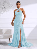 Chiffon Evening Dresses with Slit Mermaid Halter Long Formal Dress Maxi Dress with Lace