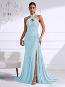 Chiffon Evening Dresses with Slit Mermaid Halter Long Formal Dress Maxi Dress with Lace