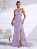 Chiffon Evening Dresses with Slit Mermaid Halter Long Formal Dress Maxi Dress with Lace