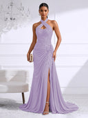 Chiffon Evening Dresses with Slit Mermaid Halter Long Formal Dress Maxi Dress with Lace