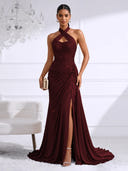 Chiffon Evening Dresses with Slit Mermaid Halter Long Formal Dress Maxi Dress with Lace