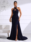 Chiffon Evening Dresses with Slit Mermaid Halter Long Formal Dress Maxi Dress with Lace
