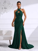 Chiffon Evening Dresses with Slit Mermaid Halter Long Formal Dress Maxi Dress with Lace