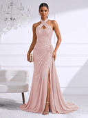 Chiffon Evening Dresses with Slit Mermaid Halter Long Formal Dress Maxi Dress with Lace