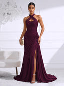 Chiffon Evening Dresses with Slit Mermaid Halter Long Formal Dress Maxi Dress with Lace