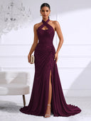 Chiffon Evening Dresses with Slit Mermaid Halter Long Formal Dress Maxi Dress with Lace