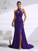 Chiffon Evening Dresses with Slit Mermaid Halter Long Formal Dress Maxi Dress with Lace