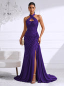Chiffon Evening Dresses with Slit Mermaid Halter Long Formal Dress Maxi Dress with Lace