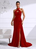 Chiffon Evening Dresses with Slit Mermaid Halter Long Formal Dress Maxi Dress with Lace