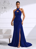 Chiffon Evening Dresses with Slit Mermaid Halter Long Formal Dress Maxi Dress with Lace