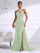 Chiffon Evening Dresses with Slit Mermaid Halter Long Formal Dress Maxi Dress with Lace