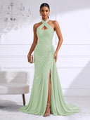 Chiffon Evening Dresses with Slit Mermaid Halter Long Formal Dress Maxi Dress with Lace