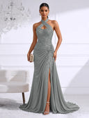 Chiffon Evening Dresses with Slit Mermaid Halter Long Formal Dress Maxi Dress with Lace