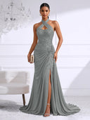 Chiffon Evening Dresses with Slit Mermaid Halter Long Formal Dress Maxi Dress with Lace