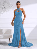 Chiffon Evening Dresses with Slit Mermaid Halter Long Formal Dress Maxi Dress with Lace