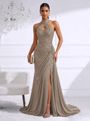 Chiffon Evening Dresses with Slit Mermaid Halter Long Formal Dress Maxi Dress with Lace