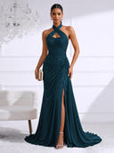 Chiffon Evening Dresses with Slit Mermaid Halter Long Formal Dress Maxi Dress with Lace