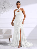 Chiffon Evening Dresses with Slit Mermaid Halter Long Formal Dress Maxi Dress with Lace