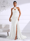 Chiffon Evening Dresses with Slit Mermaid Halter Long Formal Dress Maxi Dress with Lace