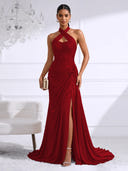 Chiffon Evening Dresses with Slit Mermaid Halter Long Formal Dress Maxi Dress with Lace