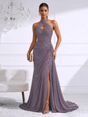 Chiffon Evening Dresses with Slit Mermaid Halter Long Formal Dress Maxi Dress with Lace