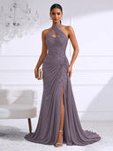 Chiffon Evening Dresses with Slit Mermaid Halter Long Formal Dress Maxi Dress with Lace