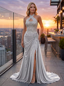 Chiffon Evening Dresses with Slit Mermaid Halter Long Formal Dress Maxi Dress with Lace