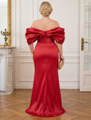 Plus Size Satin Red Evening Dresses Off Shoulder Mermaid Formal Dress Wedding Guest
