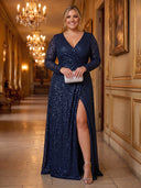Plus Size Sequin Navy Blue Evening Dresses V Neck Mermaid Formal Dress Prom Dress