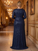 Plus Size Sequin Navy Blue Evening Dresses V Neck Mermaid Formal Dress Prom Dress